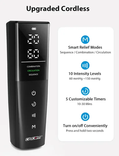 Vista 4 de Masajeador de piernas inalámbrico CINCOM, compresión de aire para dolor y circulación 3 massage modes, 10 intensities, 5 timers, Rechargeable