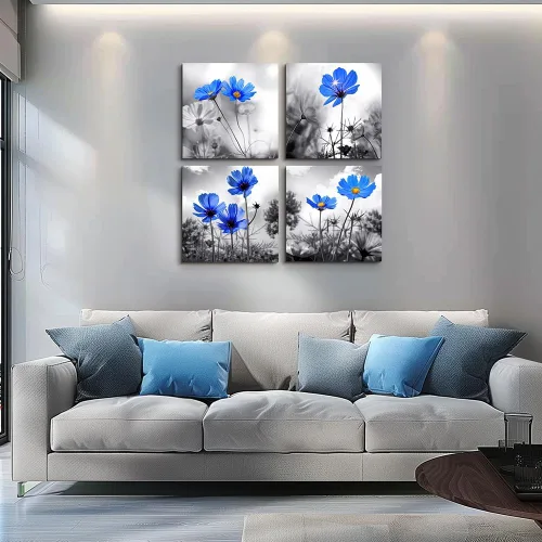 Vista 8 de Arte de pared para dormitorio, flor azul cian en blanco y negro, decoración de pared para decoración del hogar, pintura de arte de 12 x 12 pulgadas