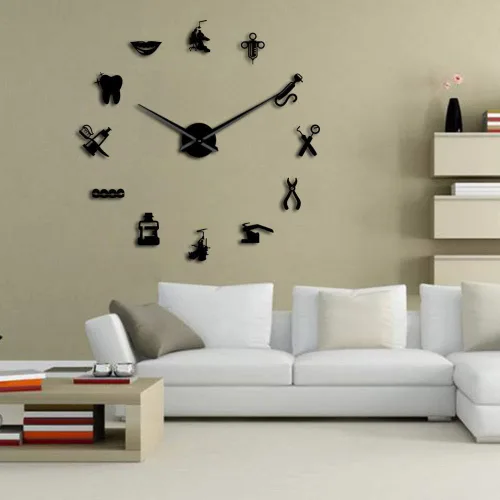 Vista 5 de The Geeky Days Reloj de pared gigante con signo de dentista con efecto espejo, reloj dental, arte de pared, decoración del hogar, reloj grande sin