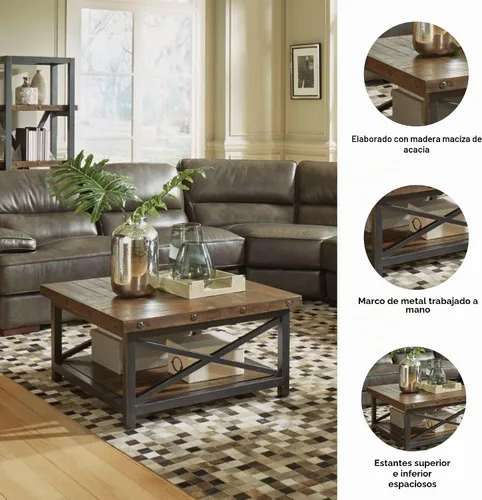 Vista 10 de Flexsteel Mesa de centro industrial rústica, mesa cuadrada de madera de acacia maciza con estante de almacenamiento, muebles de sala de estar