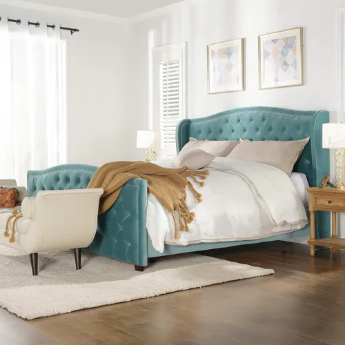 Vista 12 de Jennifer Taylor Home - Cama Anastasia de tamaño Queen de terciopelo resistente en color verde oliva Terciopelo de rendimiento verde oliva