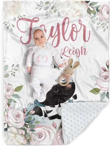 Vista 17 de Manta de bebé personalizada, manta de felpa suave con respaldo de puntos de doble capa para niños y niñas, nombre personalizado con diseño de animal