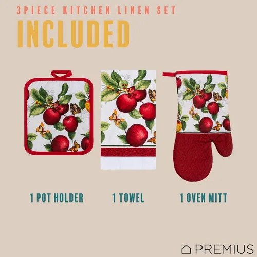 Vista 4 de Juego de 3 piezas de ropa de cocina con estampado de Apple Orchard, 1 toalla de algodón, 1 agarradera, 1 guante de horno con lazo para colgar