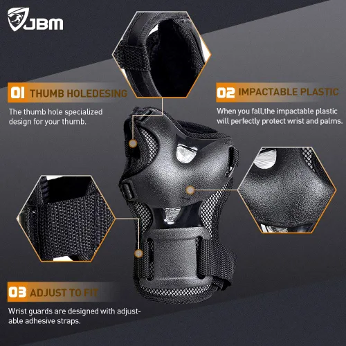 Vista 4 de JBM BMX Rodilleras y coderas con muñequeras, equipo protector. Conjunto para ciclismo, equitación, andar en bicicleta y varios deportes. Protección