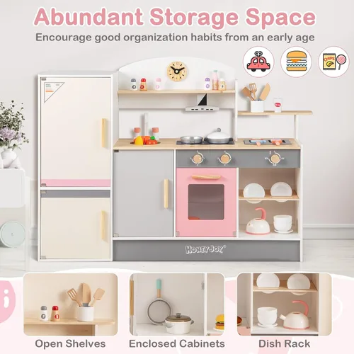 Vista 7 de HONEY JOY Juego de cocina para niños, cocina de madera 3 en 1 para niños pequeños, refrigerador y parrilla de barbacoa, campana extractora, estante