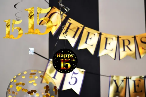 Vista 4 de Paquete de decoración para fiesta de 15 cumpleaños y aniversarios – Banner, Globos, remolinos y confeti suministros para fiesta