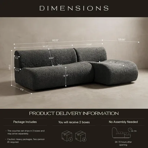Vista 2 de Sofá de 3 plazas sin hueso con juego de diván, sofá modular de 92 pulgadas, sofás reversibles en forma de L con asiento profundo, sofás de sherpa