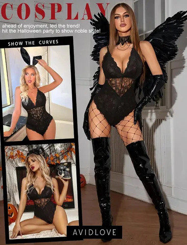 Vista 3 de Avidlove - Lencería sexy de encaje para mujer, body con escote pronunciado, babydoll de una pieza con broche de presión en la entrepierna