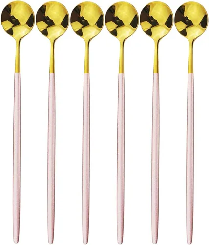Vista 13 de Cubertería de acero inoxidable 304 de cobre de mango largo Cucharas de té de helado Cucharas de mezcla Vajilla Vajilla Servicio de cocina Juego
