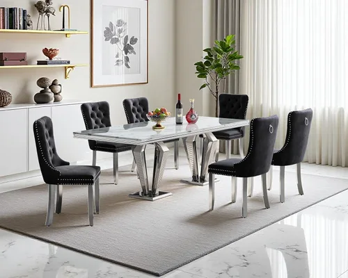 Vista 92 de Juego de mesa de comedor de mármol sintético, 7 piezas, juego de mesa de cocina y comedor para 6, mesa de comedor rectangular blanca de 70 pulgadas