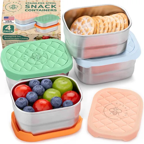Vista 11 de Recipientes de alimentos de acero inoxidable, cajas de almuerzo de metal, juego de 5, brillantes Everusely lunch containers feature colorful lids
