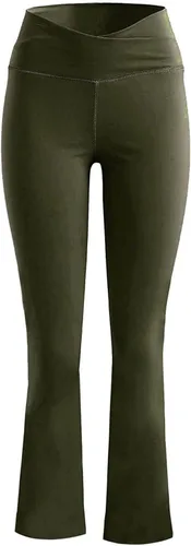 Vista 4 de Wiyuqeen Pantalones de yoga acampanados para mujer, de cintura alta, cruzados, con bolsillos, con control de abdomen