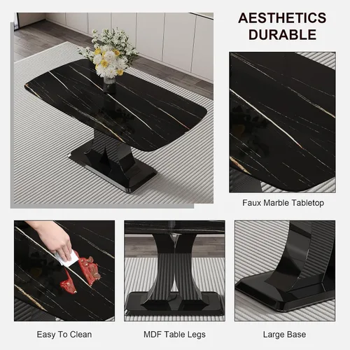 Vista 4 de Moderno juego de mesa de comedor para 4, mesa de vidrio de 63 pulgadas y base de MDF, mesa de comedor de mármol sintético negro con 4 sillas Mesa