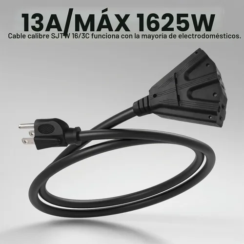 Vista 6 de EP Cable de extensión para exteriores de 6 pies, 16/3 SJTW, 3 tomas de corriente eléctrica, negro Enchufe a tierra de 3 puntas, para luces