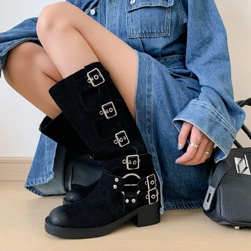 Vista 3 de Vertundy Botas altas hasta la rodilla para mujer, botas de tacón bajo grueso de pantorrilla ancha, botas vaqueras de equitación occidental, botas