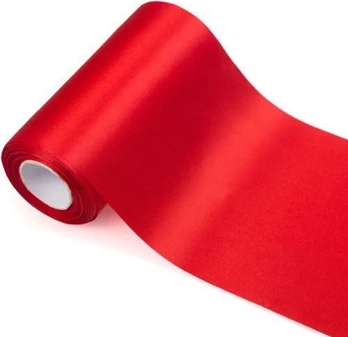 Vista 7 de Rollo de cinta de satén rojo de 4 pulgadas de ancho, 24.1 yardas de largo a granel para decoración de Navidad, ceremonia de cumpleaños, lazos