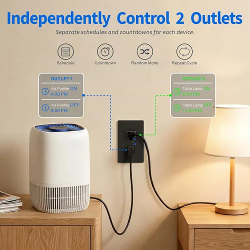 Vista 3 de Enchufe Eléctrico Inteligente Negro, Enchufe Wi-Fi Inteligente con Control Individual, Receptáculo de 15Amp con Control Remoto, Compatible