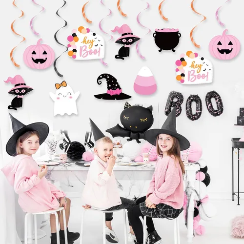 Vista 6 de Remolinos colgantes para fiesta de Halloween, lindo caldero de bruja fantasma, calabaza, boo, serpentina colgante de techo para Little Boo Happy Boo