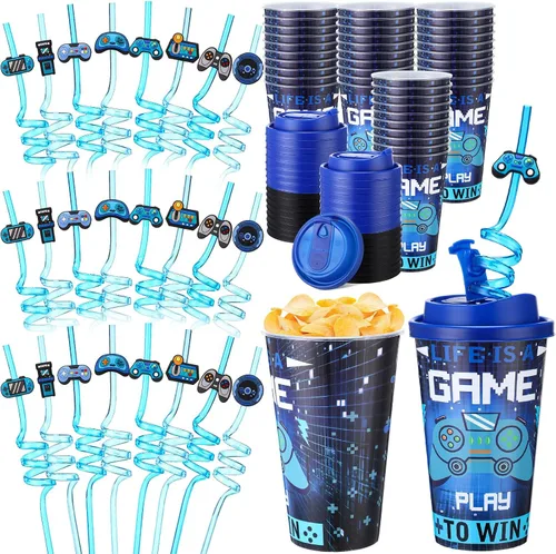 Vista 30 de Yungyan 16 juegos de tazas de golosinas con tapas y pajitas para decoraciones de cumpleaños, reutilizables, 16 onzas, vasos de plástico para dulces