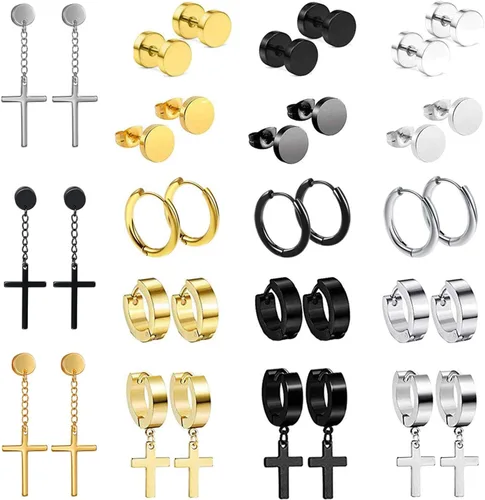 Vista 6 de OIDEA 12/14/15/18 pares de aretes para hombre: aretes de acero inoxidable para hombre, juego de aretes de aro colgantes con cruz, regalo de joyería