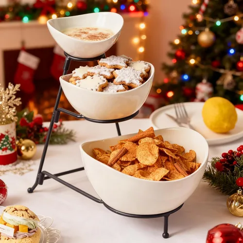 Vista 6 de Gomakren - Juego de cuencos ovalados de 3 niveles, soporte plegable de metal negro Multi-capacity porcelain bowls holiday party display, stable