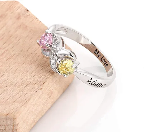 Vista 4 de Anillo personalizado para madres infinitas con 2 piedras natales redondas simuladas, anillos de compromiso para mujer