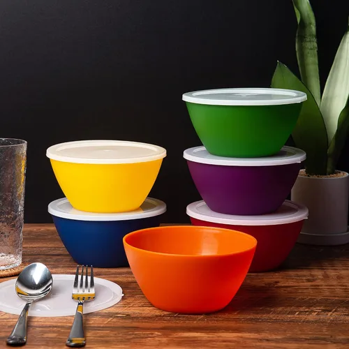 Vista 4 de KX-WARE Juego de 6 cuencos de plástico con tapas, irrompibles y reutilizables, de 6 pulgadas, para cereales, sopas y ensaladas, multicolor, aptos