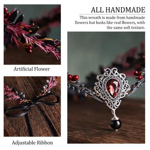 Vista 6 de MOSTORY Handmade Fairy Flower Headpiece Woodland Elf Crown Black Leaf Circlet Dark Forest Wreath for Women Girls Renaissance Halloween Cosplay