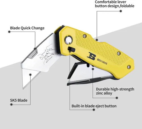 Vista 5 de Cuchillo utilitario plegable, cortador de caja retráctil, plegable, resistente, cambio rápido con 5 cuchillas adicionales