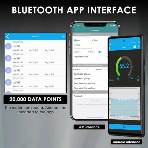Vista 4 de Medidor de decibelios inalámbrico, medidor de nivel de sonido Bluetooth con registro de datos de aplicaciones y alarma, probador de sonido de audio