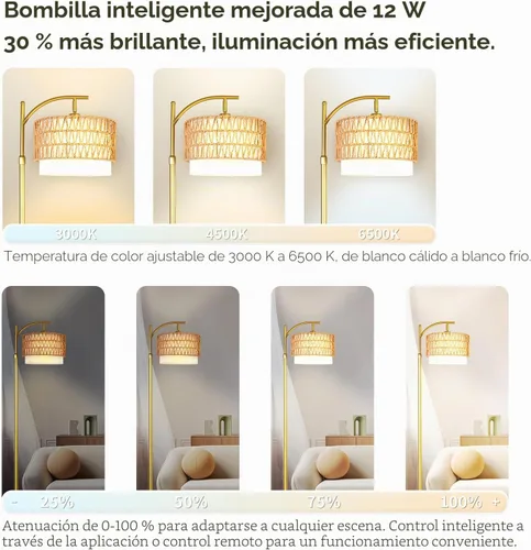Vista 2 de Lámpara de pie de ratán bohemio para sala de estar - Diseño de arco dorado, LED 12W (1 en uso + 1 de repuesto), control remoto y regulable de 3
