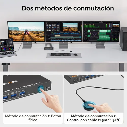 Vista 7 de Interruptor KVM USB C DP, 2 computadoras, 3 monitores, interruptor KVM MST 4K/1080P a 60Hz para 1 PC y 1 computadora portátil Share 3 monitores