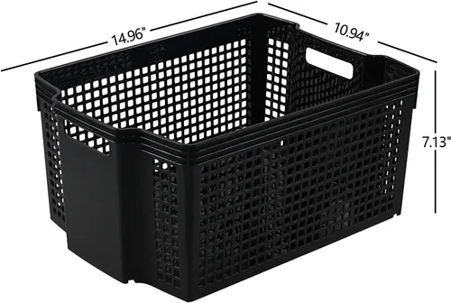 Vista 2 de Vababa Paquete de 12 cestas de almacenamiento grandes, apilables, rectangulares, de plástico, color negro Plastic Material, Cut-Out Carry Handles