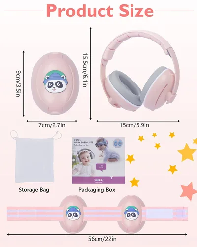 Vista 7 de Orejeras 2 en 1 para bebés, protección auditiva para bebés y niños Rosa panda