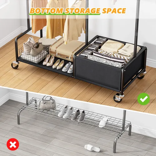 Vista 2 de Raybee Percheros para colgar ropa, perchero ajustable con ruedas bloqueables, estantes de almacenamiento, estante multifuncional para dormitorio