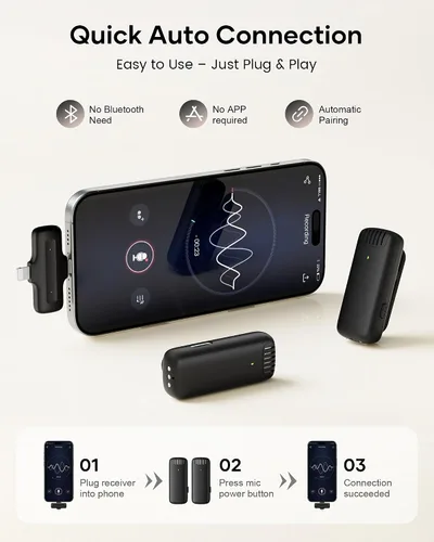 Vista 2 de Micrófono Lavalier inalámbrico para iPhone, iPad y Android con funda de carga, micrófono de solapa con reducción de ruido, duración de la batería