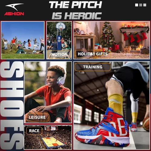 Vista 7 de ASHION Zapatos de baloncesto unisex para niños y niñas, tenis de caña alta, transpirables, con amortiguación al aire libre, zapatos deportivos