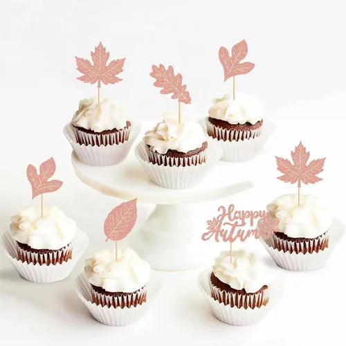 Vista 7 de Ercadio Paquete de 30 adornos para cupcakes de hojas de arce de otoño con purpurina de oro rosa y hojas de arce para decoración de otoño, cosecha