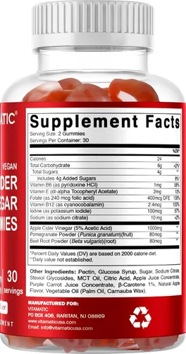 Vista 9 de Vitamatic Gomitas de vinagre de sidra de manzana, 1000 mg por porción, 60 gomitas veganas, gomitas ACV para desintoxicación, apoyo para la pérdida