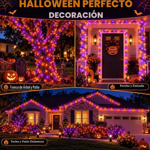 Vista 8 de Guirnalda de luces moradas y naranjas de Halloween, se pueden conectar entre sí, 2 unidades, 164 pies, 400 LED, 13 modos, impermeable