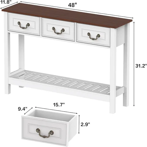 Vista 2 de Mesa consola estrecha con 3 cajones, mesa de entrada con estantes de almacenamiento, mesa de sofá detrás del sofá, mesa de sofá de madera para sala