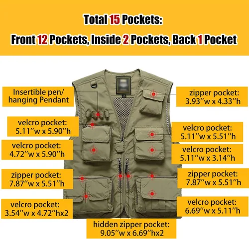 Vista 2 de Flygo Chaleco de carga para hombre, casual, para exteriores, trabajo, safari, pesca, viajes, fotos, chaleco con múltiples bolsillos