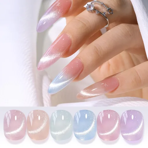 Vista 12 de Double Rhythm Juego de esmaltes de gel de ojo de gato, 6 colores, purpurina brillante con imán, holográfico, reflectante, magnético, UV, kit de arte