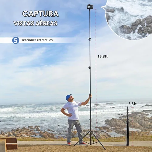 Vista 2 de 【Resistente de 16 pies】Trípode RAUBAY Extreme Tall para cámara de video deportiva con amortiguación de aire, soporte de luz telescópico de aleación