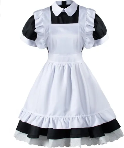 Vista 3 de Wannsee Juego de 6 piezas de delantal de sirvienta francesa de Lolita de anime japonés, para disfraz, cosplay, guantes y calcetines, negro