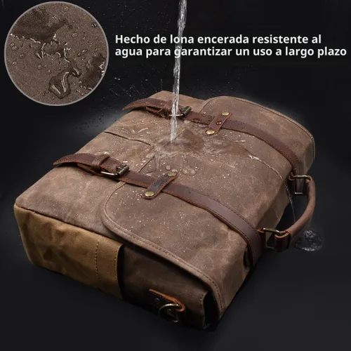 Vista 2 de Bolso mensajero para hombre de 15.6 pulgadas, impermeable, de cuero auténtico, encerado, maletín de lona grande, bolso de hombro de cuero resistente