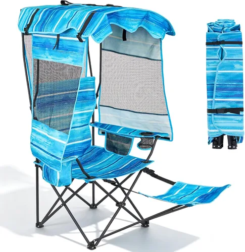 Vista 9 de DoCred Silla de playa con toldo plegable, portátil y plegable, con bolsa enfriadora y soporte para tazas, tumbonas de playa reclinables