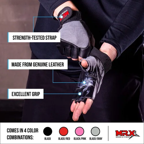 Vista 2 de MRX - Guantes de levantamiento de pesas, entrenamiento de gimnasio, fisicoculturismo, fitness, levantamiento de pesas, guantes de cuero genuino