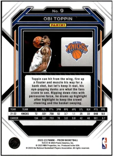Vista 2 de OBI TOPPIN 2022-23 Panini Prizm #9 NM+-MT+ NBA Basketball Knicks