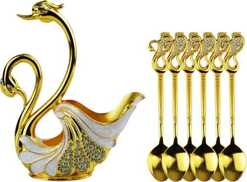 Vista 8 de Juego de cucharas con base de cisne dorado, cubiertos decorativos de cisne con 6 cucharas, cucharas de café, organizador para postres, helado